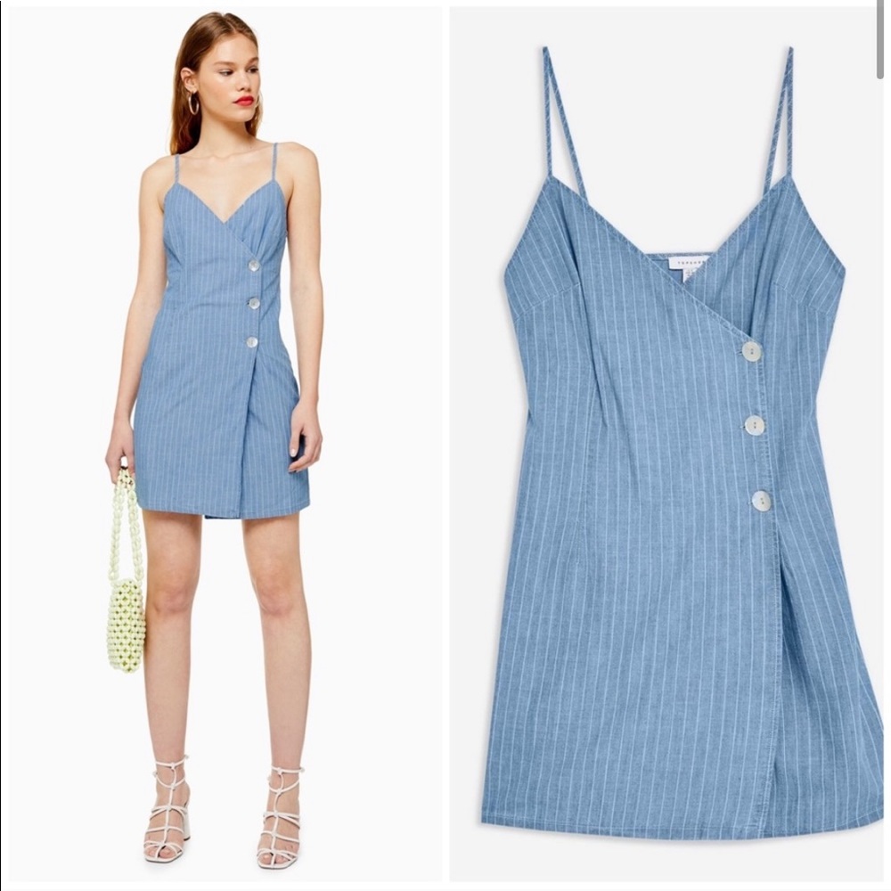 TOPSHOP Chambray Denim Stripe Opal Wrap Tank Dress